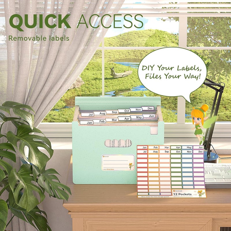EcoStash Accordion File Organizer, 12 Pockets Wheat Straw Expanding File Folder, Portable Monthly Paper Bill Tax Receipt Organizer, Letter A4 Size Document Holder，Green Office with Colorful Tab，Mint Green - Image 3